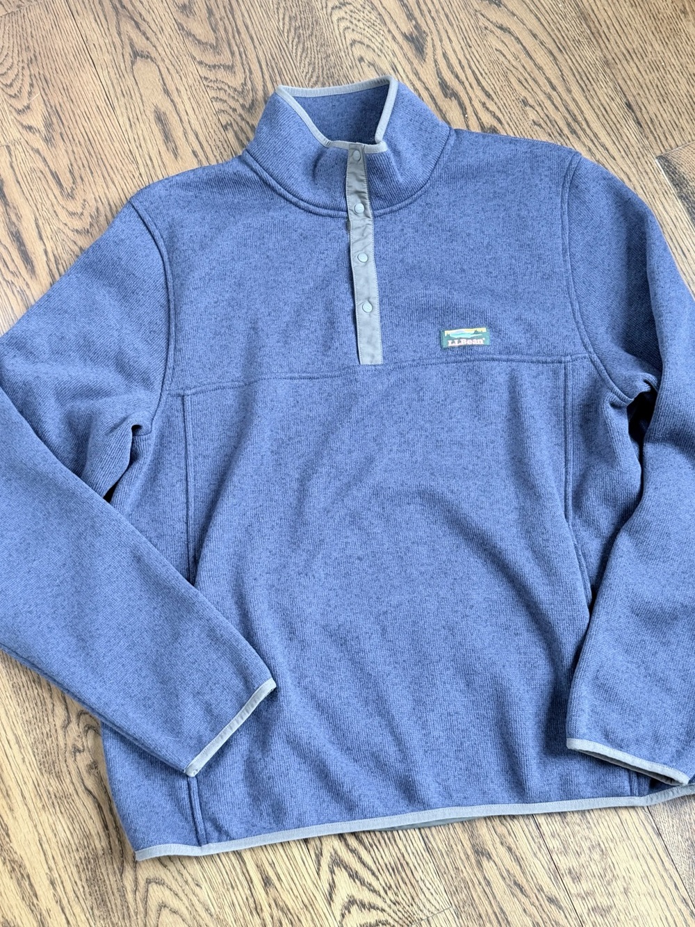 LL Bean Pullover Snap Button Navy Blue Sweater Fleece Slightly Fitted Mens Sz L